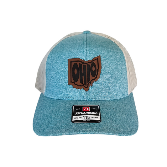 Ohio 112 Adult Trucker Hat with Leathette Patch in Teal/Cream